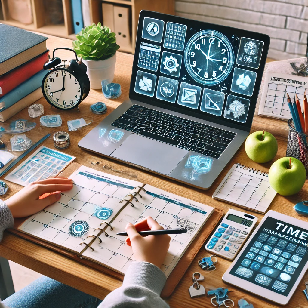 DALLE 2025-03-06 195706 - An inspiring and organized workspace representing time management strategies for students The image should include a student with a planner a clock - BADA EDU