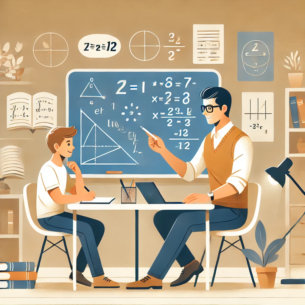DALLE 2025-03-03 230225 - A modern and engaging illustration of a math tutoring session A friendly tutor is sitting at a desk with a student explaining a math problem on a wh - BADA EDU