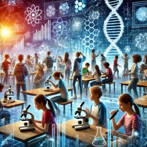 DALLE 2025-03-04 193526 - A dynamic and engaging digital illustration of students participating in a science learning program The scene includes a diverse group of learners in - BADA EDU