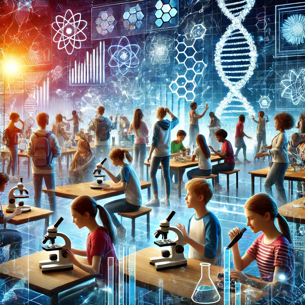 DALLE 2025-03-04 193526 - A dynamic and engaging digital illustration of students participating in a science learning program The scene includes a diverse group of learners in - BADA EDU