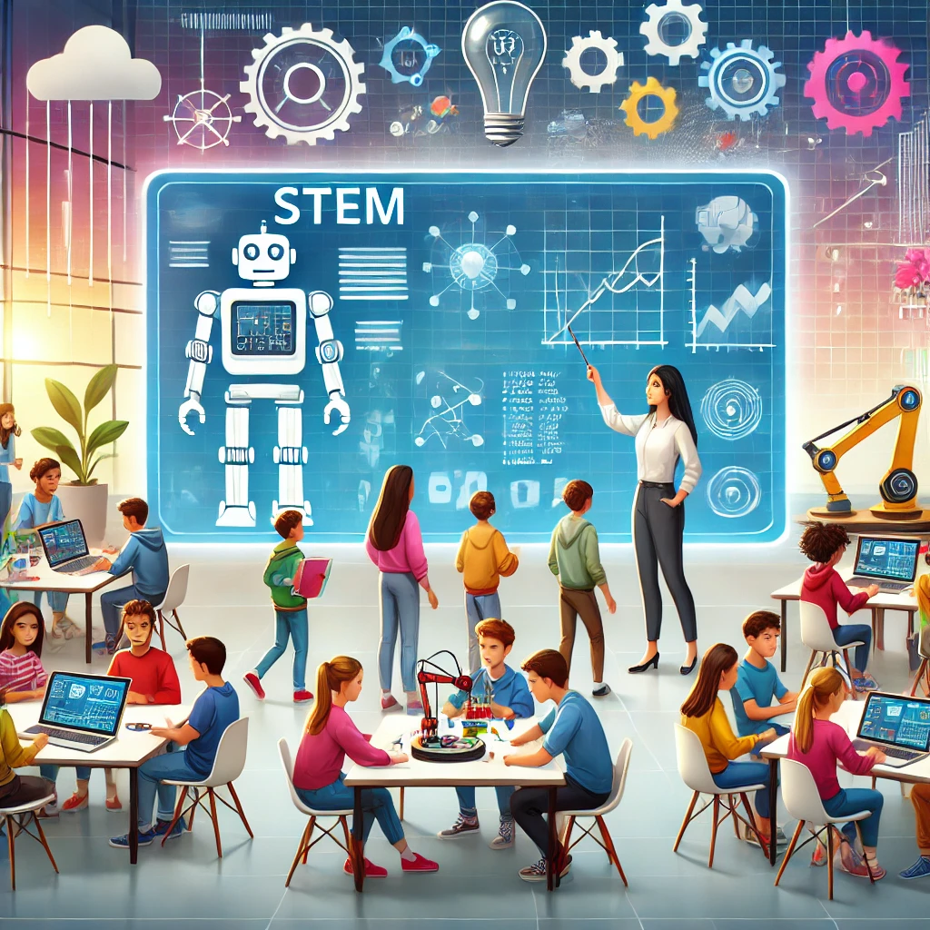 DALLE 2025-03-06 111258 - An engaging and modern digital illustration showcasing a STEM classroom with students actively participating in hands-on learning The scene includes - BADA EDU