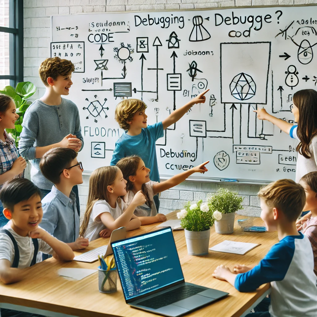 DALLE 2025-03-18 203408 - A lively and engaging classroom scene where young students around 8-10 years old are actively debugging code together They are gathered around a la - BADA EDU